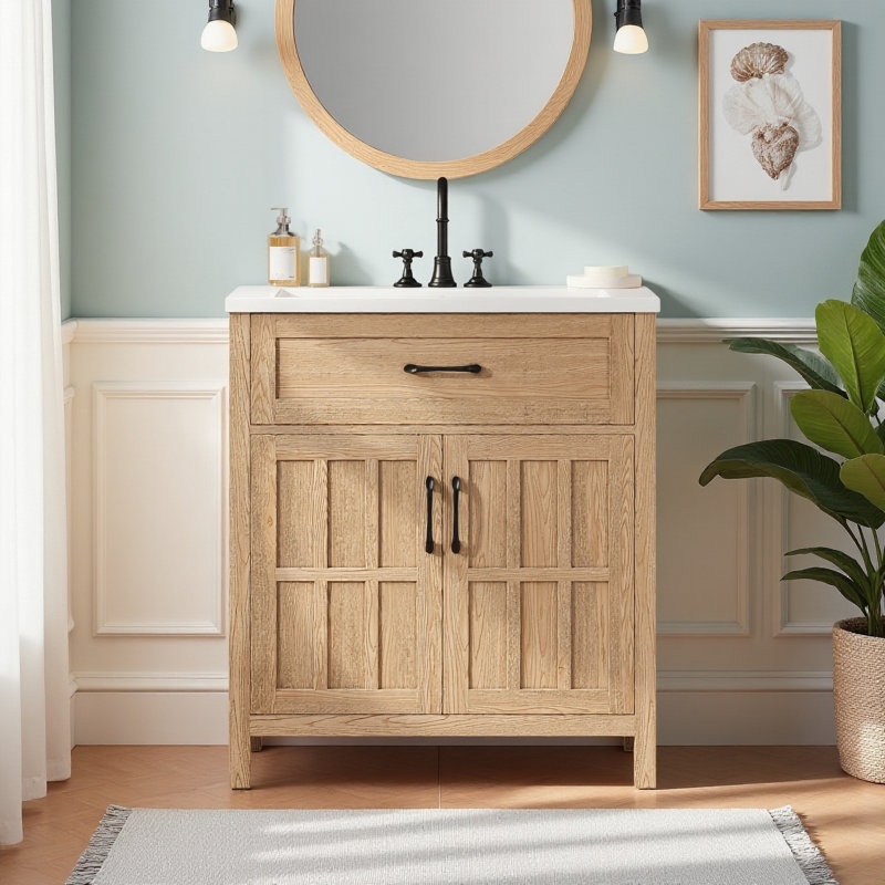 Meuble-lavabo moderne 30 po, meuble-lavabo à grain de bois naturel avec lavabo simple et tablette réglable