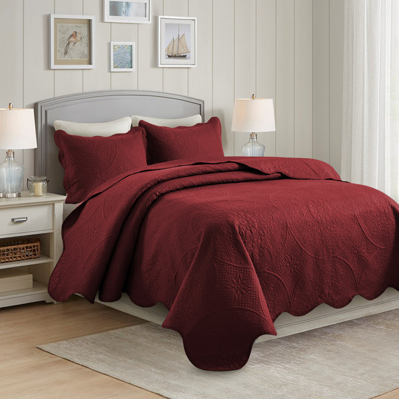 Ensemble de couvre-lit à motif floral en microfibre - Literie matelassée douce, légère et infroissable, Bourgogne