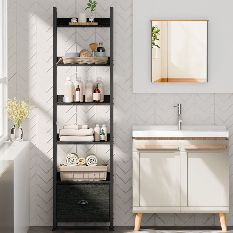 Industrial 6 Tier Storage Bookshelf with Fabric Drawer, Wood & Metal Display Shelving Unit, Tall Organizer Rack for Bedroom Living Room Home Office