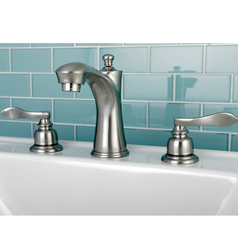 Kingston Brass NuWave French Two-Handle 3-Hole Deck Mount Widespread Bathroom Faucet with Retail Pop-Up Drain, Brushed Nickel