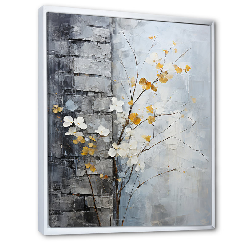 «Minimalist Granite Grape Leaves», reproduction sur toile, Cadre flottant blanc, H 20 po x l 12 po x P 1 po