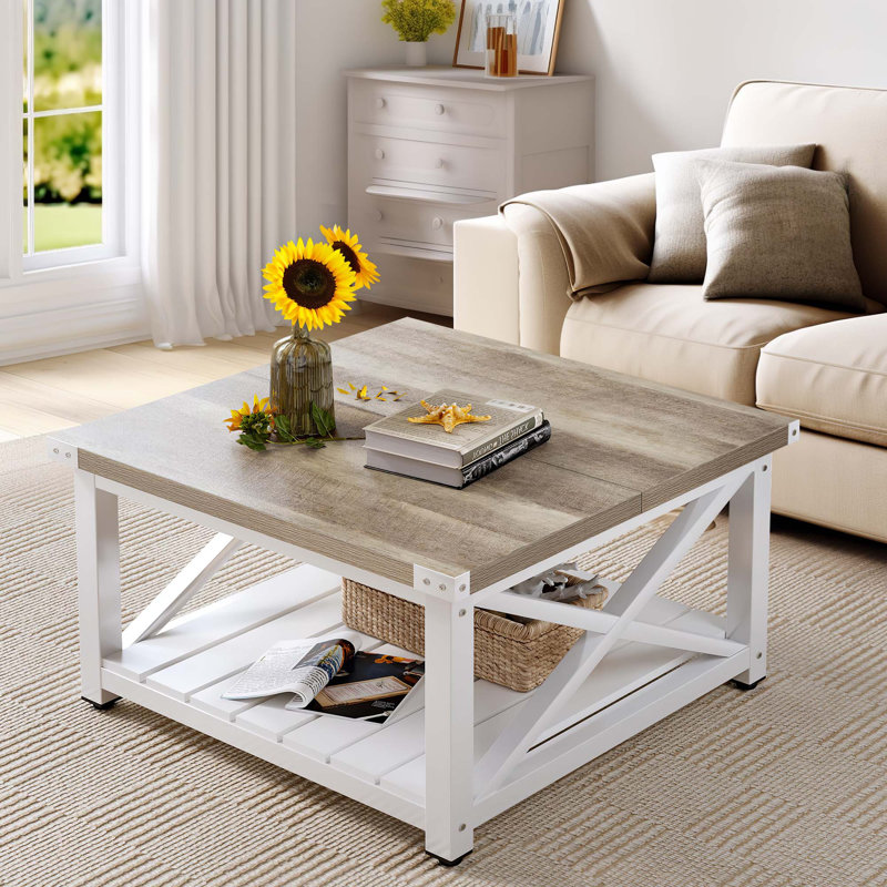 Castellanos Square Coffee Table with Storage For Living Room, White, Gray Wash