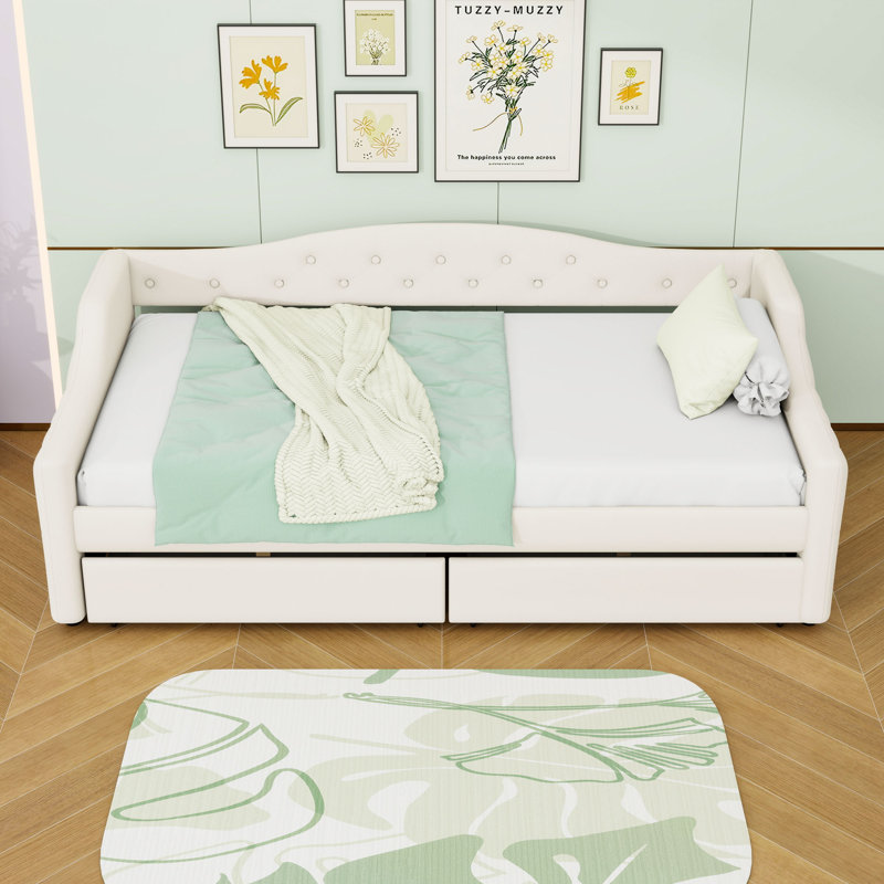 Twin XL Upholstered Daybed with 2 Drawers and LED Belt, Beige