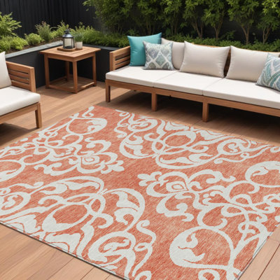 8' X 10' Coral And Ivory Damask Washable Indoor Outdoor Area Rug