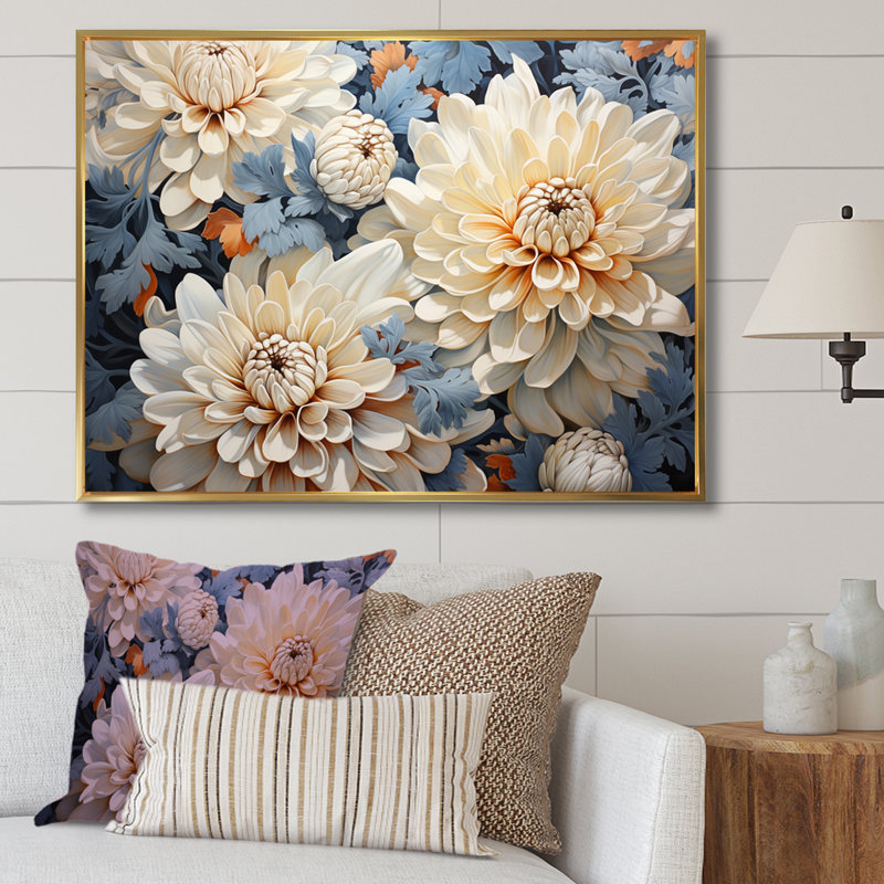 «White and Blue Chrysanthemums», mosaïque sur toile, H 24 po x l 32 po x P 1 po, Cadre flottant doré