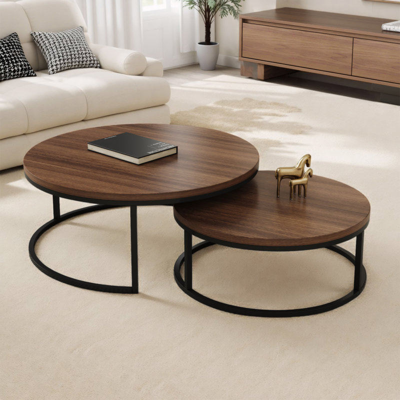 Nesting Coffee Tables Set of 2, Round Walnut & Black Metal Frame, Modern End Tables for Small Spaces, Living Room, Apartment (80 & 60cm)