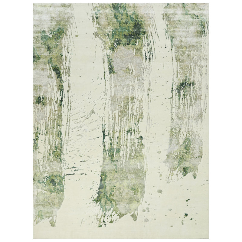 Tapis ivoire et vert noué à la main de haute qualité, Rectangle 9 pi x 12 pi