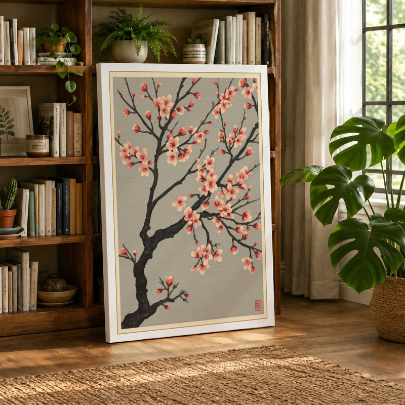 Moonlit Cherry Blossom Japandi - Wrapped Canvas, 18x12 - 45.7 x 30.5 cm, Black Border