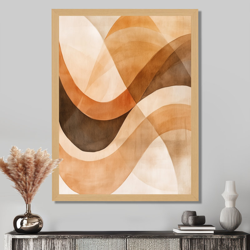 Composition en arc IV - Formes abstraites - Tableau encadré aux tons terreux brun-orange, H 32 po x l 24 po, Cadre naturel