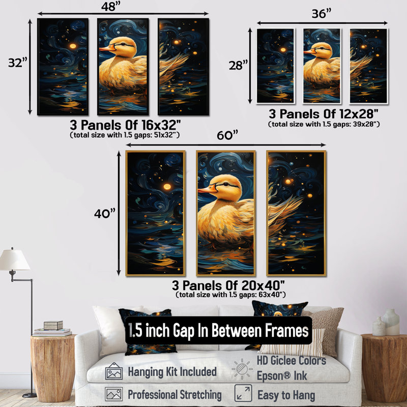 «Yellow Duck Starry Night Wonders», art mural animal canard, Cadre flottant brun, H 32 po x l 48 po