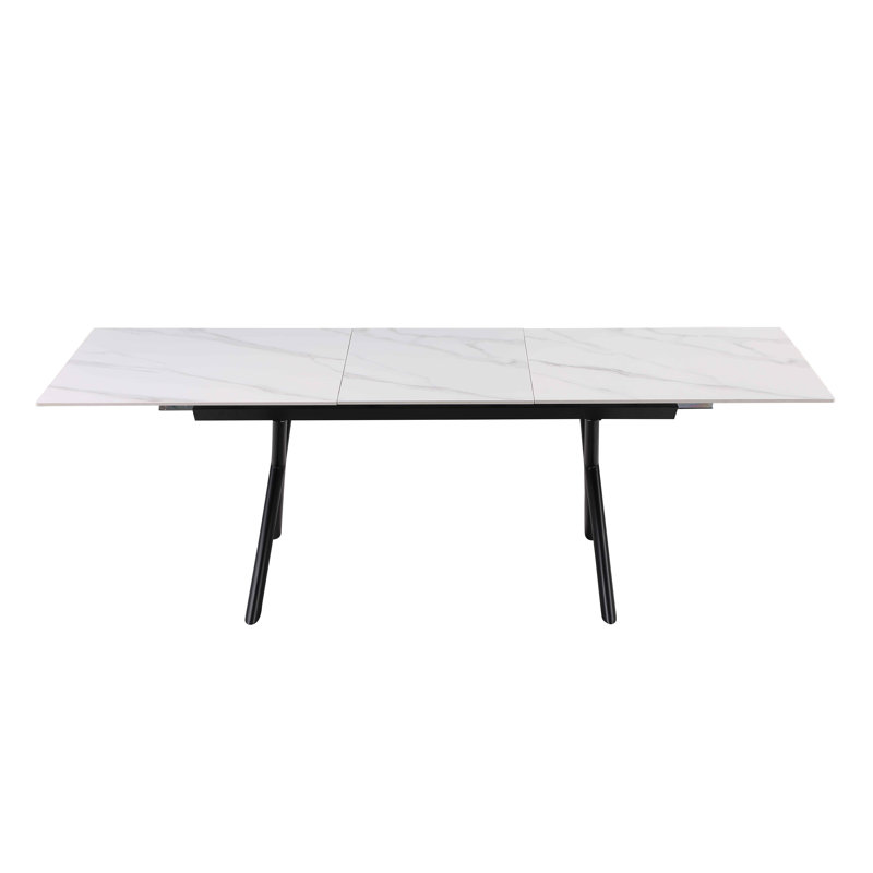 Contemporary White Marbleized Glass Extendable Dining Table with Black Steel Base