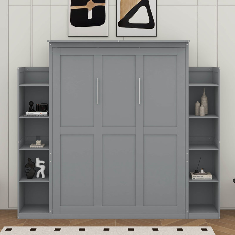 Grand lit escamotable avec tablettes et DEL, Gris