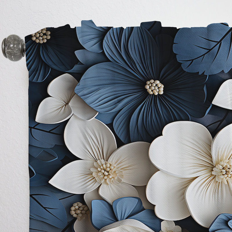Blue And White Adorned Violets - Violets Room Darkening Floral Curtain - 1 Panel, L 52 po x L 84 po