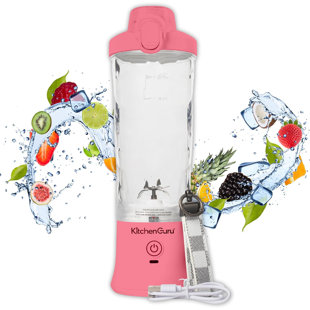 Kitchen Guru Elite Rechargeable Travel Blender: 240W Personal Smoothie Maker with 6-Leaf Blade, 600ml Capacity, and Innovative Pop-Up Design for Easy Portability - For Home or On the Go (Pink)