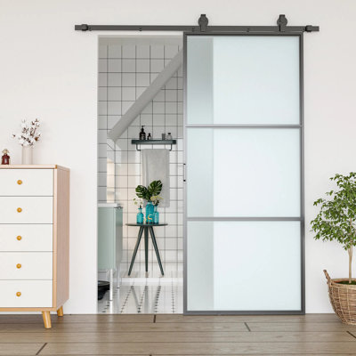 HomCom 36 in. W x 84 in. H Frosted Glass Frosted Barn Door with Tracks