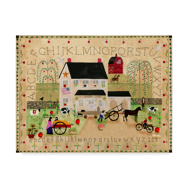 « american general store sampler », reproduction de peinture à l’acrylique sur toile tendue, H 14 po x l 19 po x P 2 po
