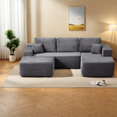 Modern Grey Sectional Sofa, Plush Fabric, Spacious U-shape For Living Room