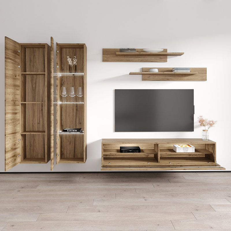100" Modern Floating Wall Mounted Entertainment Center with 16-Color LED Lighting, High Gloss Finish, Oak
