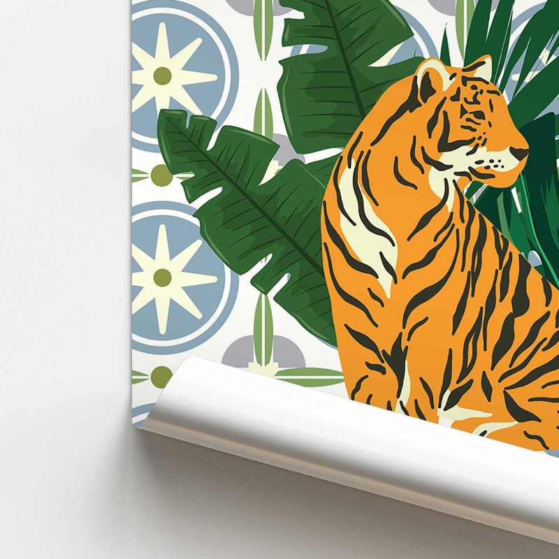 Tigre et motifs tropicaux, H 10 po x l 8 po
