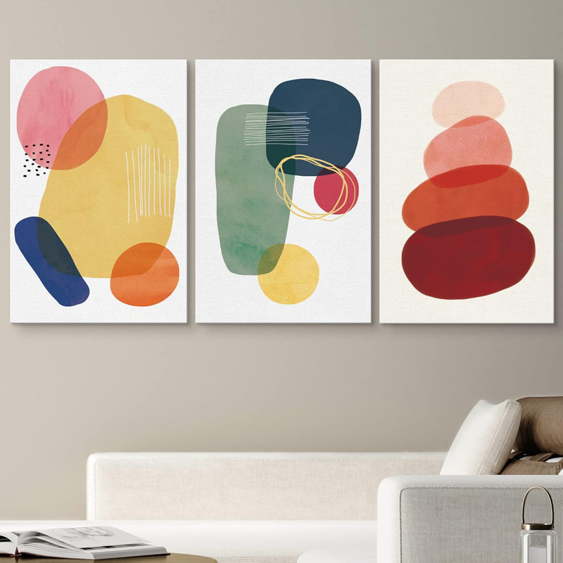 Abstract Vibrant Color Blocks - Geometric Circle Boho Colorful Picture 3 Piece Canvas Print Wall Art, Wrapped Canvas