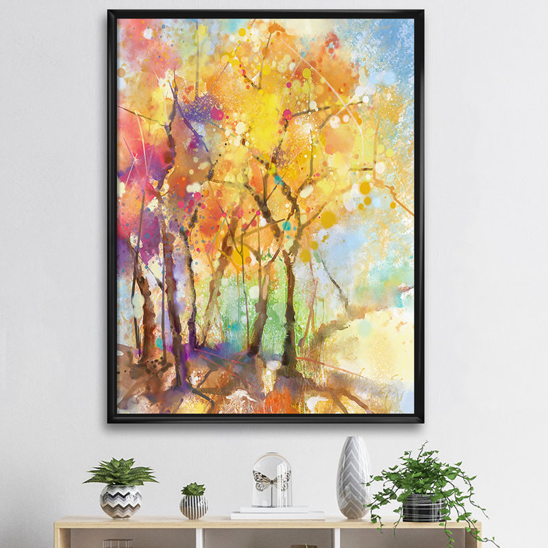 «Autumn Colored Forest Treescape XIX», reproduction d'art sur toile, H 20 po x l 12 po x P 1 po, Toile avec cadre noir
