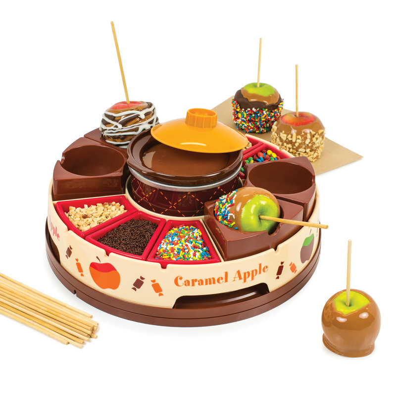 Nostalgia NCCA5 Lazy Susan Chocolate & Caramel Apple Party with Heated Fondue Pot, 25 Sticks, Decorating and Toppings Trays