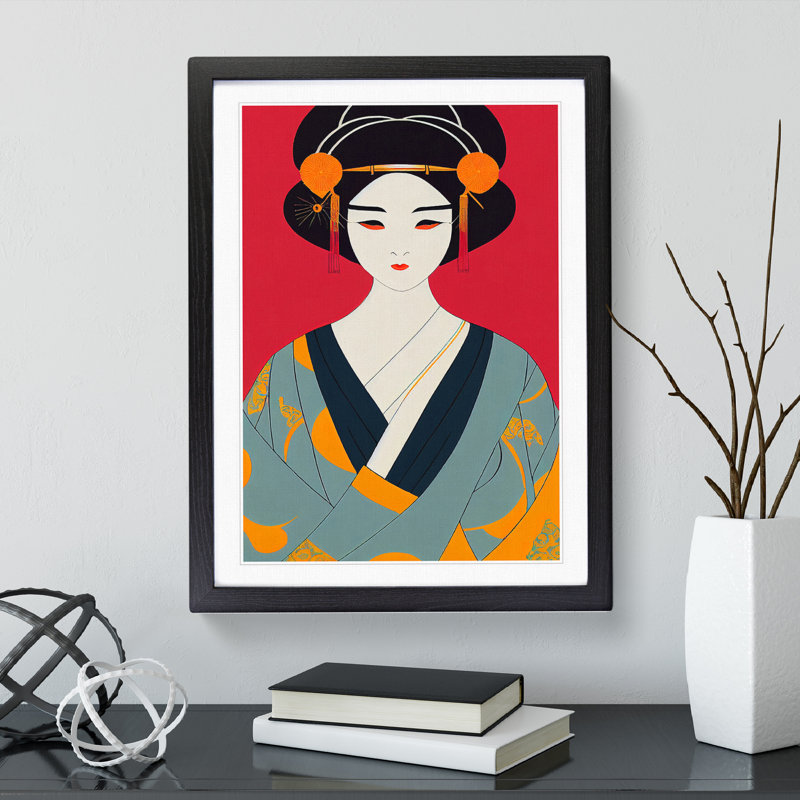 Symmetrical Geisha No.3 - Single Picture Frame Painting, 64cm H x 46cm W x 2cm D, Black Framed