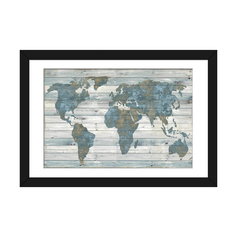 Carte du monde sur bois par Jamie Macdowell - reproduction, H 16 po x l 24 po, Impression encadrée avec passe-partout, Noir