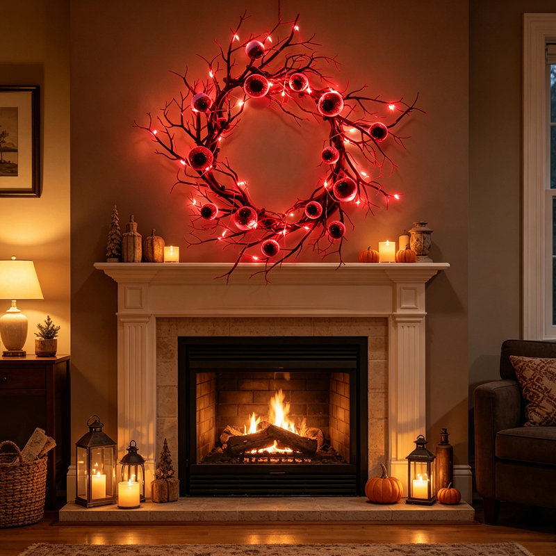 Couronne d'Halloween éclairée 18 po avec globes oculaires brillants, branche de corail noir et DEL rouge, à piles
