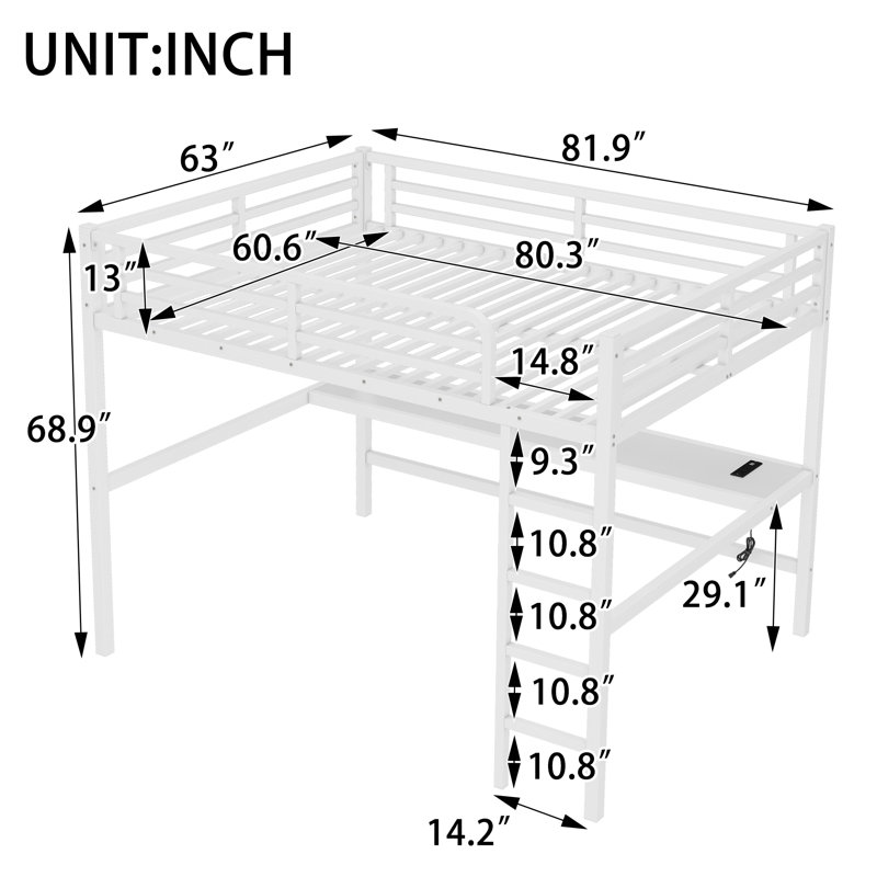 Metal Loft Bed with Power Outlet & LED Lighting - Space Saving Noise Reduced Design, Queen, White