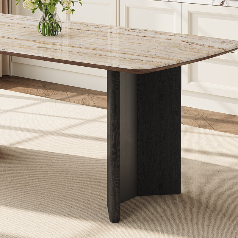 Table de salle à manger de luxe 63 "à dessus en pierre avec veines uniques naturelles et bois noir bi-matière + base en acier inoxydable