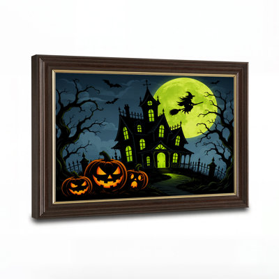 Spooky Haunted House With Witch And Glowing Green Halloween Canvas Wall Art