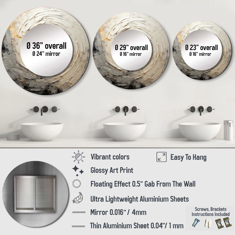 Grey Beige Meditative Movement I - Abstract Spirals Mirror, Modern Round Unique Wall Mirror, Printed Metal Art, 29" x 29"