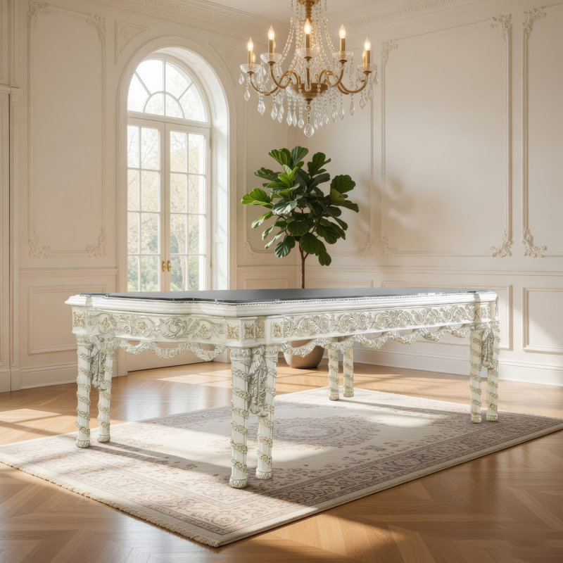 Table de salle à manger avec garniture dorée, blanc antique