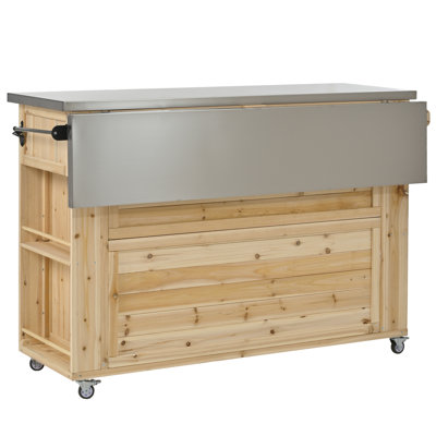 Îlot de cuisine extérieur en bois de sapin avec plateau en acier inoxydable, grand espace de rangement, porte-serviettes et porte-épices et ouvre-bouteille pour l'extérieur, bois naturel naturel + jardin et extérieur + design américain + bois + acier inoxydable