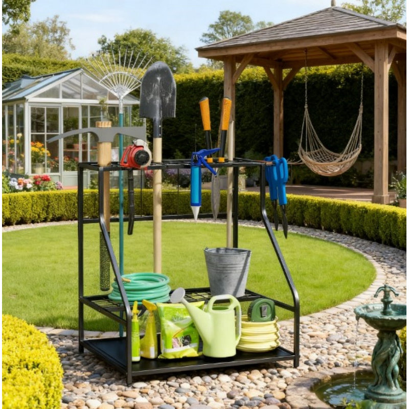 Organisateur de jardin multi-usages, support à outils de jardin à 3 niveaux, avec crochets pour manche long, balai, pelle