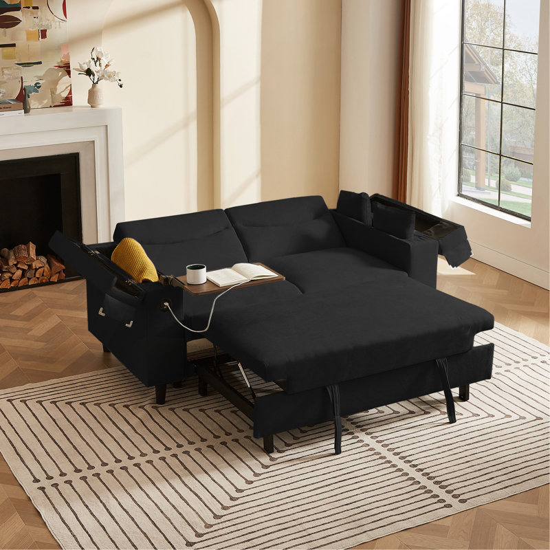 Canapé noir en chenille avec table d'appoint et port USB, Noir