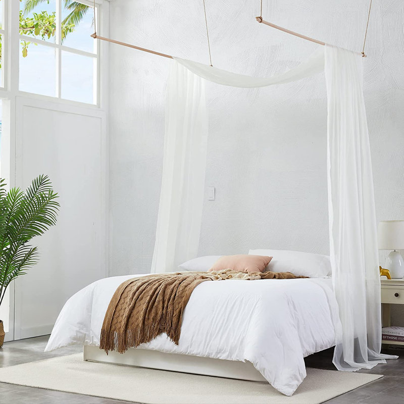 Polyester Ties Bed Canopy Curtains, White, Queen
