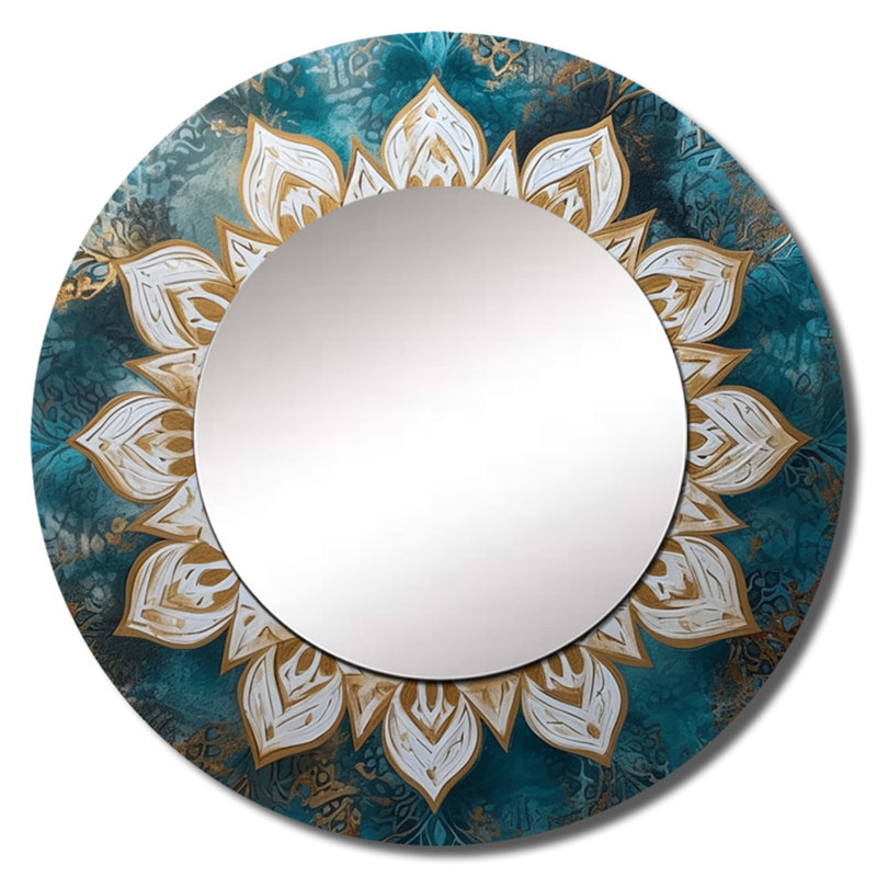 Pratham Teal And Gold Mandala II - Boho Mandala Wall Mirror, Traditional Round Decorative Mirror, Printed Metal Art