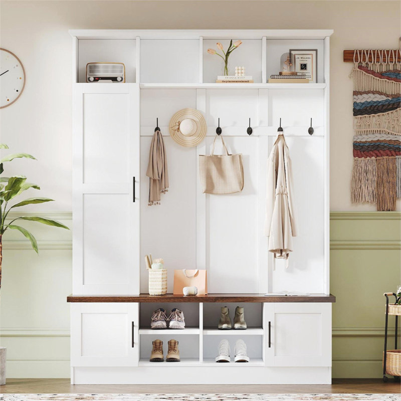 Versatile 3-in-1 Hall Tree with 6 Hooks, Farmhouse Walnut Storage Bench with Adjustable Shelves, 55"W Modern Entryway Coat Rack with Multiple Storage Space for Mudroom, Living Room