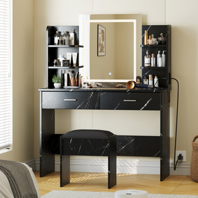Large Vanity Desk With Mirror And Adjustable Led Lights, Power Outlet, 6 Shelves And 2 Drawers
