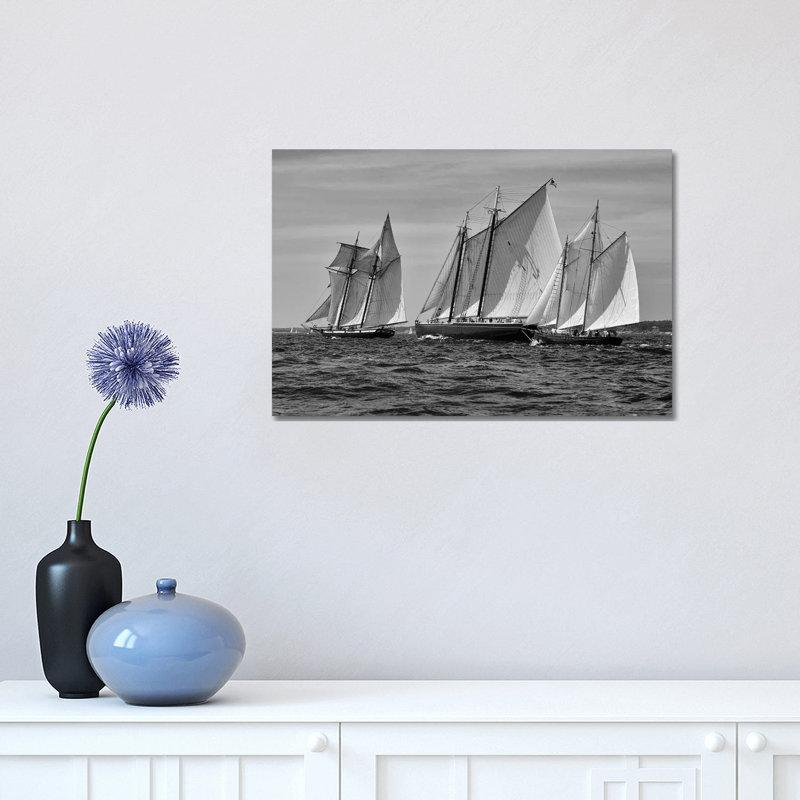 Gloucester Schooner Race In Black And White by Zoe Schumacher - No Frame Print on Canvas, 30.48 cm H x 45.72 cm W