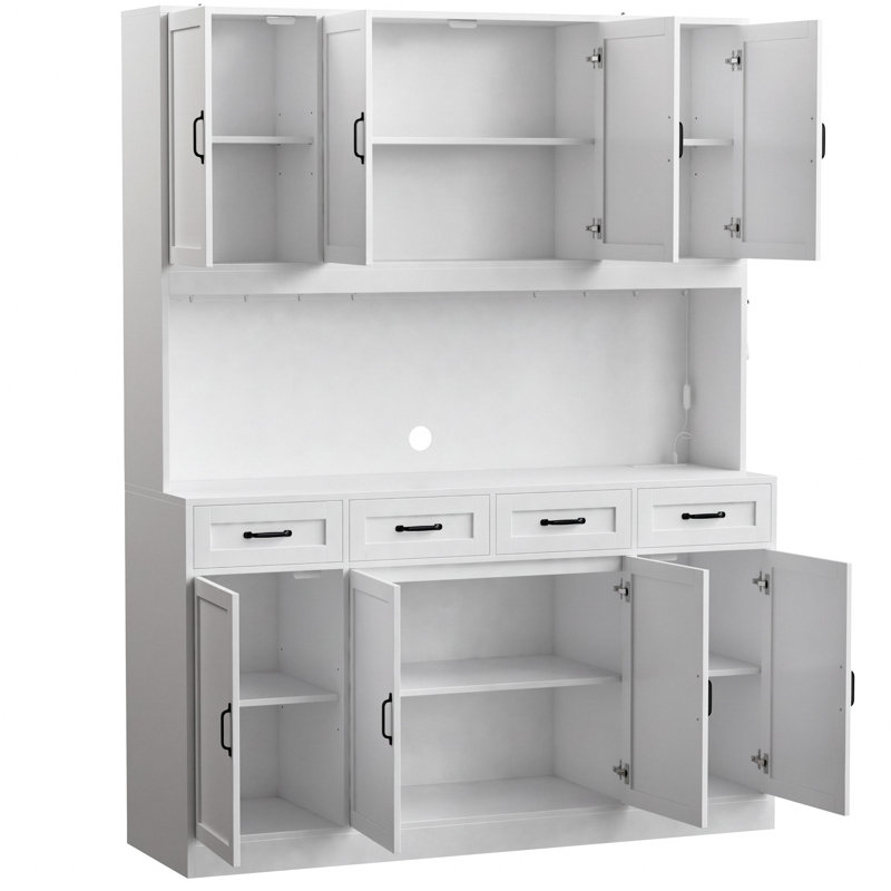 Armoire de cuisine en bois avec tablettes réglables, lumières DEL et prises de courant H 73,2 po x l 59,2 po, Blanc