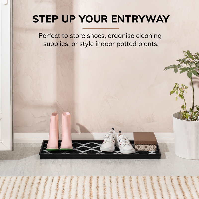 Tapis de démarrage éco-responsable en caoutchouc noir et ivoire 14 po x 34 po avec rebords surélevés pour chaussures boueuses, outils de jardinage et articles pour animaux domestiques - intérieur / extérieur