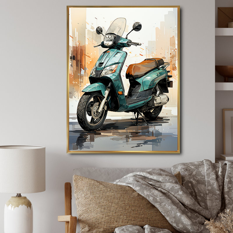 «Green Scooter City Cruiser», art mural sur toile Scooter, H 32 po x l 16 po x P 1 po, Cadre flottant doré