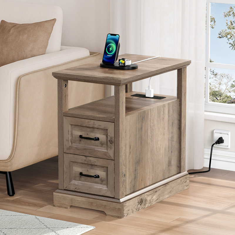 Kadric 2-Drawer Farmhouse End Table With Built-In Outlets, Gray