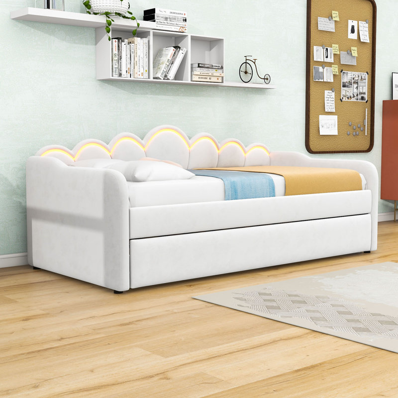 Twin XL Upholstered Daybed with Trundle & Adjustable LED Lights, White