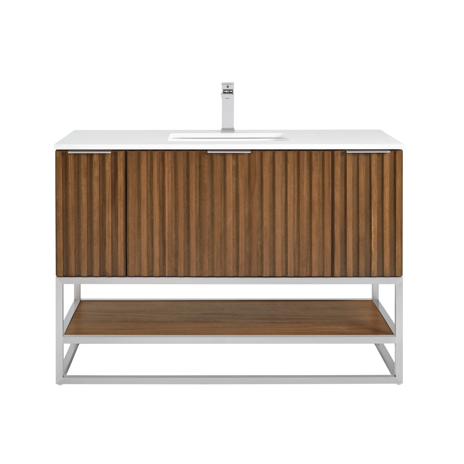 Terra 48'' Single Bathroom Vanity, White Quartz/Single Faucet Mount, Walnut, Brushed Nickel