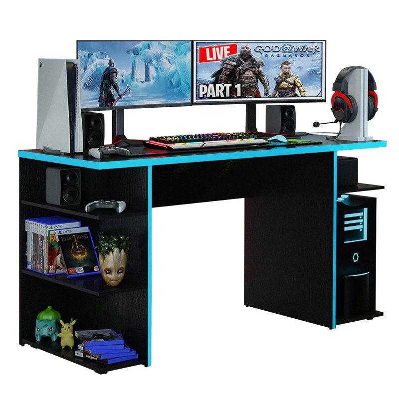 Bureau d'ordinateur l 53,54 po Jeronda, Noir / Bleu