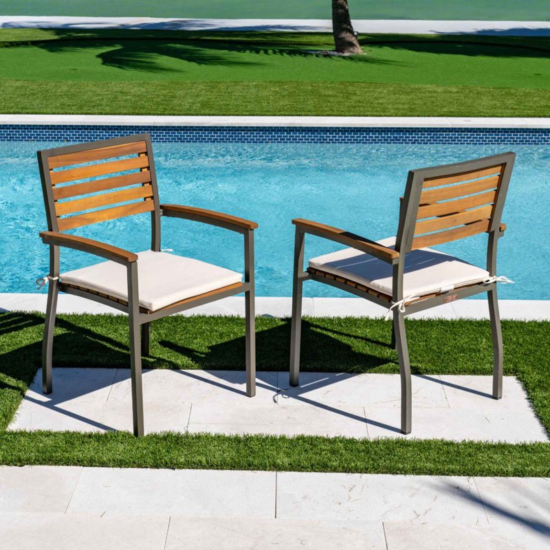 Chaise de patio empilable avec coussin en acacia Boca Grande, Polyester / mélange de polyester standard
